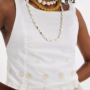 Free People White Tank Top with Beige Embroidered Flower Detail